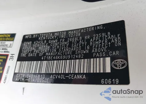 2009 Toyota Camry Le z USA, uszkodzony, nr VIN 4T1BE46K69U912482